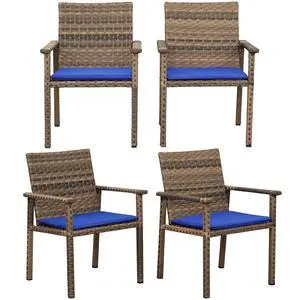 Set of 4 Wicker Patio Dining Chairs, Outdoor Armchairs with Blue Cushions | Stable loadbearing frame, premium brown PE rattan, ergonomic backrests, UVstable and easytoclean for outside use Set of 4 Wicker Patio Dining Chairs, Outdoor Armchairs with Blue Cushions | Stable loadbearing frame, premium brown PE rattan, ergonomic backrests, UVstable and easytoclean for outside use