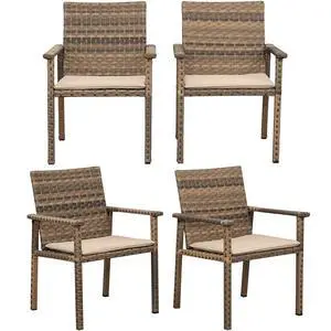 Set of 4 Wicker Patio Dining Chairs, Outdoor Armchairs with Khaki Cushions | Stable loadbearing frame, premium brown PE rattan, ergonomic backrests, UVstable and easytoclean for outside use Set of 4 Wicker Patio Dining Chairs, Outdoor Armchairs with Khaki Cushions | Stable loadbearing frame, premium brown PE rattan, ergonomic backrests, UVstable and easytoclean for outside use