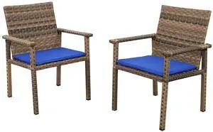 Set of 2 Wicker Patio Dining Chairs, Outdoor Armchairs with Blue Cushions | Stable loadbearing frame, premium brown PE rattan, ergonomic backrests, UVstable and easytoclean for outside use Set of 2 Wicker Patio Dining Chairs, Outdoor Armchairs with Blue Cushions | Stable loadbearing frame, premium brown PE rattan, ergonomic backrests, UVstable and easytoclean for outside use