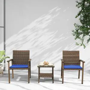 WAROOM 3 Piece Patio Set Outdoor Rattan Chair Porch Wicker Furniture Sets with Coffee Table, Blue Cushion WAROOM 3 Piece Patio Set Outdoor Rattan Chair Porch Wicker Furniture Sets with Coffee Table, Blue Cushion