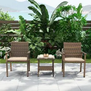 WAROOM 3 Piece Patio Set Outdoor Rattan Chair Porch Wicker Furniture Sets with Coffee Table, Khaki Cushion WAROOM 3 Piece Patio Set Outdoor Rattan Chair Porch Wicker Furniture Sets with Coffee Table, Khaki Cushion