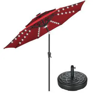 FLAME&SHADE 9 ft Double Top Solar Outdoor Patio Umbrella with Base and LED Lights, Market Table Umbrella with LED Lights and Base Stand FLAME&SHADE 9 ft Double Top Solar Outdoor Patio Umbrella with Base and LED Lights, Market Table Umbrella with LED Lights and Base Stand
