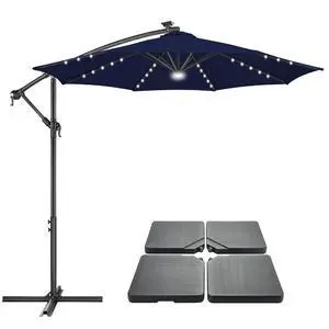 FLAME&SHADE 10ft Solar Cantilever Umbrella with Base Set, Lighted Large Offset Outdoor Patio Umbrellas with Base Stand FLAME&SHADE 10ft Solar Cantilever Umbrella with Base Set, Lighted Large Offset Outdoor Patio Umbrellas with Base Stand