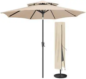 FLAME&SHADE 9ft Patio Umbrella with Cover Set, 2 Tiers Outdoor Umbrella with 8 Heavy-duty Ribs, Patio Umbrella Cover for 7.5 ft 9 ft 10 ft 11 ft (Beige) FLAME&SHADE 9ft Patio Umbrella with Cover Set, 2 Tiers Outdoor Umbrella with 8 Heavy-duty Ribs, Patio Umbrella Cover for 7.5 ft 9 ft 10 ft 11 ft (Beige)