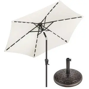 FLAME&SHADE 7.5 ft Solar Outdoor Patio Umbrella with Base Set, Market Table Umbrella with LED Lights and Base Stand FLAME&SHADE 7.5 ft Solar Outdoor Patio Umbrella with Base Set, Market Table Umbrella with LED Lights and Base Stand