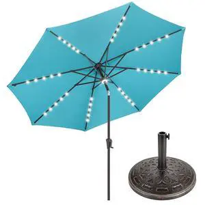 FLAME&SHADE 10 ft Solar Outdoor Patio Umbrella with Base Set, Market Table Umbrella with LED Lights and Base Stand FLAME&SHADE 10 ft Solar Outdoor Patio Umbrella with Base Set, Market Table Umbrella with LED Lights and Base Stand
