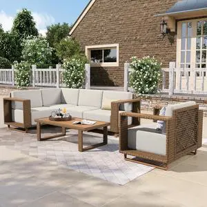 HERA'S HOUSE 5pcs Patio Sectional Furniture Set with 10" Thick Cushions | Outdoor Wicker Sofa +Coffee Table, L-Shape Modular Yellow Rattan Sofa, Low Profile Lawn Deck Yard Conversation Chairs, Beige HERA'S HOUSE 5pcs Patio Sectional Furniture Set with 10" Thick Cushions | Outdoor Wicker Sofa +Coffee Table, L-Shape Modular Yellow Rattan Sofa, Low Profile Lawn Deck Yard Conversation Chairs, Beige