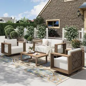 HERA'S HOUSE 5-Piece Patio Furniture Set with 10" Thick Cushions, Beige | Outdoor Wicker Conversation Sets, Yellow Rattan Swivel Sofa Chairs with 5.5" Wide Arm &Coffee Table, for Deck Yard Lawn HERA'S HOUSE 5-Piece Patio Furniture Set with 10" Thick Cushions, Beige | Outdoor Wicker Conversation Sets, Yellow Rattan Swivel Sofa Chairs with 5.5" Wide Arm &Coffee Table, for Deck Yard Lawn