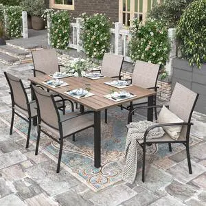 HERA'S HOUSE 7pc Patio Dining Set, Outdoor Wood-Like Metal Table & 6 Chairs | Brown textilene chairs + 60" rectangle table with umbrella hole. Waterproof, rust-resistant, all-weather for deck, garden HERA'S HOUSE 7pc Patio Dining Set, Outdoor Wood-Like Metal Table & 6 Chairs | Brown textilene chairs + 60" rectangle table with umbrella hole. Waterproof, rust-resistant, all-weather for deck, garden