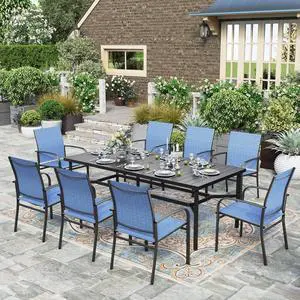 HERA'S HOUSE 9pc Outdoor Patio Dining Set for 8, Textilene Chairs, Blue | 83" Rectangular Metal Table with umbrella hole. Waterproof, rust-resistant, all-weather for backyard, porch HERA'S HOUSE 9pc Outdoor Patio Dining Set for 8, Textilene Chairs, Blue | 83" Rectangular Metal Table with umbrella hole. Waterproof, rust-resistant, all-weather for backyard, porch