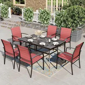 HERA'S HOUSE 7pc Outdoor Patio Dining Set for 6, Textilene Chairs, Red | 60" rectangular metal table with umbrella hole. Waterproof, rust-resistant, all-weather for backyard, porch HERA'S HOUSE 7pc Outdoor Patio Dining Set for 6, Textilene Chairs, Red | 60" rectangular metal table with umbrella hole. Waterproof, rust-resistant, all-weather for backyard, porch