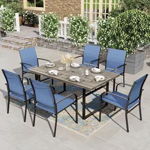 HERA'S HOUSE 7pc Outdoor Patio Dining Set, Wood-Look Metal Table, Blue | 6 textilene chairs, 64" rectangular table with umbrella hole. Waterproof, rust-resistant, all-weather for yard, porch HERA'S HOUSE 7pc Outdoor Patio Dining Set, Wood-Look Metal Table, Blue | 6 textilene chairs, 64" rectangular table with umbrella hole. Waterproof, rust-resistant, all-weather for yard, porch