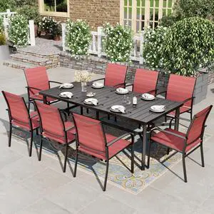 HERA'S HOUSE 9pc Outdoor Patio Dining Set for 8, Textilene Chairs, Red | 83" Rectangular Metal Table with umbrella hole. Waterproof, rust-resistant, all-weather for backyard, porch HERA'S HOUSE 9pc Outdoor Patio Dining Set for 8, Textilene Chairs, Red | 83" Rectangular Metal Table with umbrella hole. Waterproof, rust-resistant, all-weather for backyard, porch