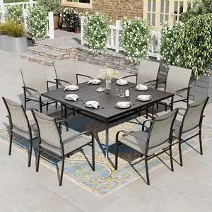 HERA'S HOUSE 9pc Outdoor Patio Dining Set for 8, Textilene Chairs, Brown | 57.5" Square Metal Table with umbrella hole. Waterproof, rust-resistant, all-weather for backyard, porch HERA'S HOUSE 9pc Outdoor Patio Dining Set for 8, Textilene Chairs, Brown | 57.5" Square Metal Table with umbrella hole. Waterproof, rust-resistant, all-weather for backyard, porch