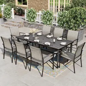 HERA'S HOUSE 9pc Outdoor Patio Dining Set for 8, Textilene Chairs, Brown | 83" Rectangular Metal Table with umbrella hole. Waterproof, rust-resistant, all-weather for backyard, porch HERA'S HOUSE 9pc Outdoor Patio Dining Set for 8, Textilene Chairs, Brown | 83" Rectangular Metal Table with umbrella hole. Waterproof, rust-resistant, all-weather for backyard, porch