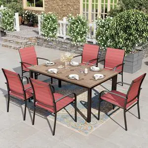 HERA'S HOUSE 7pc Outdoor Patio Dining Set, Wood-Look Metal Table, Red | 64" rectangular table with umbrella hole, 6 textilene chairs. Waterproof, rust-resistant, all-weather for backyard, porch HERA'S HOUSE 7pc Outdoor Patio Dining Set, Wood-Look Metal Table, Red | 64" rectangular table with umbrella hole, 6 textilene chairs. Waterproof, rust-resistant, all-weather for backyard, porch
