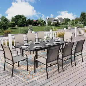 HERA'S HOUSE 9pc Patio Dining Set, Extendable Metal Table, Brown Chairs | Outdoor rectangular table + 8 textilene chairs. Waterproof, rust-resistant, all-weather for backyard, porch HERA'S HOUSE 9pc Patio Dining Set, Extendable Metal Table, Brown Chairs | Outdoor rectangular table + 8 textilene chairs. Waterproof, rust-resistant, all-weather for backyard, porch