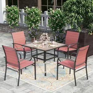 HERA'S HOUSE Patio Dining Set for 4, Wood-Look Metal Table, Red Chair | 37" outdoor square table + textilene chairs, All-weather, rust-resistant for Lawn Garden Backyard HERA'S HOUSE Patio Dining Set for 4, Wood-Look Metal Table, Red Chair | 37" outdoor square table + textilene chairs, All-weather, rust-resistant for Lawn Garden Backyard