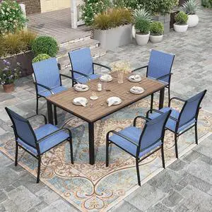 HERA'S HOUSE 7pc Outdoor Patio Dining Set, Wood-Look Metal Table, Blue | 64" rectangular table with umbrella hole, 6 textilene chairs. Waterproof, rust-resistant, all-weather for backyard, porch HERA'S HOUSE 7pc Outdoor Patio Dining Set, Wood-Look Metal Table, Blue | 64" rectangular table with umbrella hole, 6 textilene chairs. Waterproof, rust-resistant, all-weather for backyard, porch