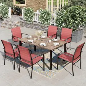 HERA'S HOUSE 7pc Patio Dining Set, Outdoor Wood-Like Metal Table & 6 Chairs | Red textilene chairs + 60" rectangle table with umbrella hole. Waterproof, rust-resistant, all-weather for deck, garden HERA'S HOUSE 7pc Patio Dining Set, Outdoor Wood-Like Metal Table & 6 Chairs | Red textilene chairs + 60" rectangle table with umbrella hole. Waterproof, rust-resistant, all-weather for deck, garden