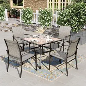 HERA'S HOUSE Patio Dining Set for 4, Wood-Look Metal Table, Brown Chair | 37" outdoor square table + textilene chairs, All-weather, rust-resistant for Lawn Garden Backyard HERA'S HOUSE Patio Dining Set for 4, Wood-Look Metal Table, Brown Chair | 37" outdoor square table + textilene chairs, All-weather, rust-resistant for Lawn Garden Backyard