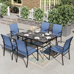 HERA'S HOUSE 7pc Outdoor Patio Dining Set for 6, Textilene Chairs, Blue | 60" rectangular metal table with umbrella hole. Waterproof, rust-resistant, all-weather for backyard, porch HERA'S HOUSE 7pc Outdoor Patio Dining Set for 6, Textilene Chairs, Blue | 60" rectangular metal table with umbrella hole. Waterproof, rust-resistant, all-weather for backyard, porch