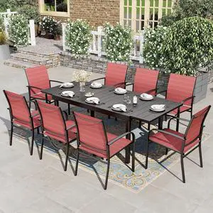 HERA'S HOUSE 9pc Patio Dining Set, Extendable Metal Table, Red Chairs | Outdoor rectangular table + 8 textilene chairs. Waterproof, rust-resistant, all-weather for backyard, porch HERA'S HOUSE 9pc Patio Dining Set, Extendable Metal Table, Red Chairs | Outdoor rectangular table + 8 textilene chairs. Waterproof, rust-resistant, all-weather for backyard, porch