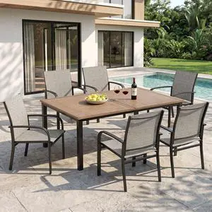 HERA'S HOUSE 7pc Outdoor Patio Dining Set, Wood-Look Metal Table, Brown | 64" rectangular table with umbrella hole, 6 textilene chairs. Waterproof, rust-resistant, all-weather for backyard, porch HERA'S HOUSE 7pc Outdoor Patio Dining Set, Wood-Look Metal Table, Brown | 64" rectangular table with umbrella hole, 6 textilene chairs. Waterproof, rust-resistant, all-weather for backyard, porch