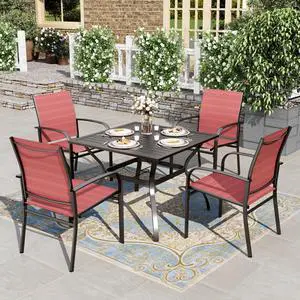 HERA'S HOUSE 5pc Patio Dining Set for 4, Outdoor Metal Table & Red Chairs | Textilene chairs + 37" square table with umbrella hole. Waterproof, rust-resistant, all-weather for backyard, porch HERA'S HOUSE 5pc Patio Dining Set for 4, Outdoor Metal Table & Red Chairs | Textilene chairs + 37" square table with umbrella hole. Waterproof, rust-resistant, all-weather for backyard, porch
