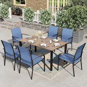 HERA'S HOUSE 7pc Patio Dining Set, Outdoor Wood-Like Metal Table & 6 Chairs | Blue textilene chairs + 60" rectangle table with umbrella hole. Waterproof, rust-resistant, all-weather for deck, garden HERA'S HOUSE 7pc Patio Dining Set, Outdoor Wood-Like Metal Table & 6 Chairs | Blue textilene chairs + 60" rectangle table with umbrella hole. Waterproof, rust-resistant, all-weather for deck, garden