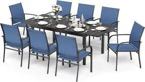 HERA'S HOUSE 9pc Patio Dining Set, Extendable Metal Table, Blue Chairs | Outdoor rectangular table + 8 textilene chairs. Waterproof, rust-resistant, all-weather for backyard, porch HERA'S HOUSE 9pc Patio Dining Set, Extendable Metal Table, Blue Chairs | Outdoor rectangular table + 8 textilene chairs. Waterproof, rust-resistant, all-weather for backyard, porch