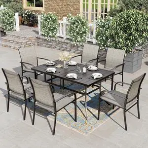 HERA'S HOUSE 7pc Outdoor Patio Dining Set for 6, Textilene Chairs, Brown | 60" rectangular metal table with umbrella hole. Waterproof, rust-resistant, all-weather for backyard, porch HERA'S HOUSE 7pc Outdoor Patio Dining Set for 6, Textilene Chairs, Brown | 60" rectangular metal table with umbrella hole. Waterproof, rust-resistant, all-weather for backyard, porch