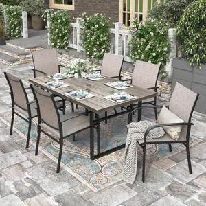 HERA'S HOUSE 7pc Outdoor Patio Dining Set, Wood-Look Metal Table, Brown | 6 textilene chairs, 64" rectangular table with umbrella hole. Waterproof, rust-resistant, all-weather for yard, porch HERA'S HOUSE 7pc Outdoor Patio Dining Set, Wood-Look Metal Table, Brown | 6 textilene chairs, 64" rectangular table with umbrella hole. Waterproof, rust-resistant, all-weather for yard, porch