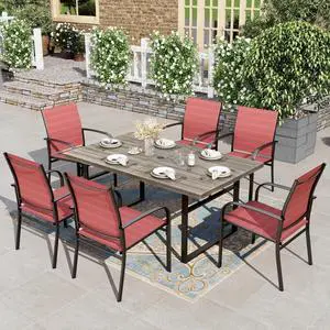 HERA'S HOUSE 7pc Outdoor Patio Dining Set, Wood-Look Metal Table, Red | 6 textilene chairs, 64" rectangular table with umbrella hole. Waterproof, rust-resistant, all-weather for yard, porch HERA'S HOUSE 7pc Outdoor Patio Dining Set, Wood-Look Metal Table, Red | 6 textilene chairs, 64" rectangular table with umbrella hole. Waterproof, rust-resistant, all-weather for yard, porch