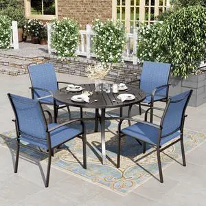 HERA'S HOUSE 5pc Patio Dining Set for 4, 42" Round Metal Table | Blue textilene chairs, umbrella hole. Waterproof, rust-resistant, all-weather for backyard, porch HERA'S HOUSE 5pc Patio Dining Set for 4, 42" Round Metal Table | Blue textilene chairs, umbrella hole. Waterproof, rust-resistant, all-weather for backyard, porch