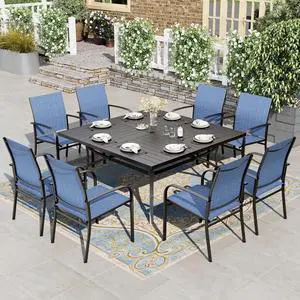 HERA'S HOUSE 9pc Outdoor Patio Dining Set for 8, Textilene Chairs, Blue | 57.5" Square Metal Table with umbrella hole. Waterproof, rust-resistant, all-weather for backyard, porch HERA'S HOUSE 9pc Outdoor Patio Dining Set for 8, Textilene Chairs, Blue | 57.5" Square Metal Table with umbrella hole. Waterproof, rust-resistant, all-weather for backyard, porch