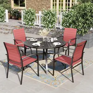 HERA'S HOUSE 5pc Patio Dining Set for 4, 42" Round Metal Table | Red textilene chairs, umbrella hole. Waterproof, rust-resistant, all-weather for backyard, porch HERA'S HOUSE 5pc Patio Dining Set for 4, 42" Round Metal Table | Red textilene chairs, umbrella hole. Waterproof, rust-resistant, all-weather for backyard, porch