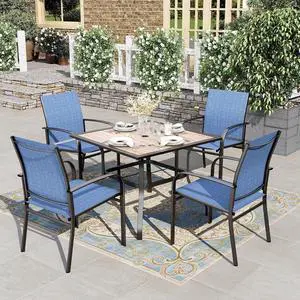 HERA'S HOUSE Patio Dining Set for 4, Wood-Look Metal Table, Blue Chair | 37" outdoor square table + textilene chairs, All-weather, rust-resistant for Lawn Garden Backyard HERA'S HOUSE Patio Dining Set for 4, Wood-Look Metal Table, Blue Chair | 37" outdoor square table + textilene chairs, All-weather, rust-resistant for Lawn Garden Backyard