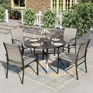 HERA'S HOUSE 5pc Patio Dining Set for 4, 42" Round Metal Table | Brown textilene chairs, umbrella hole. Waterproof, rust-resistant, all-weather for backyard, porch HERA'S HOUSE 5pc Patio Dining Set for 4, 42" Round Metal Table | Brown textilene chairs, umbrella hole. Waterproof, rust-resistant, all-weather for backyard, porch