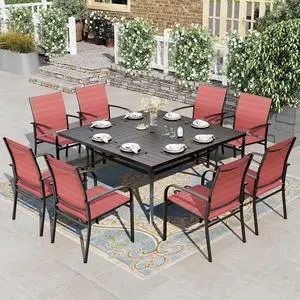 HERA'S HOUSE 9pc Outdoor Patio Dining Set for 8, Textilene Chairs, Red | 57.5" Square Metal Table with umbrella hole. Waterproof, rust-resistant, all-weather for backyard, porch HERA'S HOUSE 9pc Outdoor Patio Dining Set for 8, Textilene Chairs, Red | 57.5" Square Metal Table with umbrella hole. Waterproof, rust-resistant, all-weather for backyard, porch