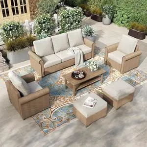 HERA'S HOUSE 6-Piece Wicker Rattan Patio Conversation Set, Beige | 6 Pieces Set, Coffee Table-Ottomans, UV resistant HERA'S HOUSE 6-Piece Wicker Rattan Patio Conversation Set, Beige | 6 Pieces Set, Coffee Table-Ottomans, UV resistant