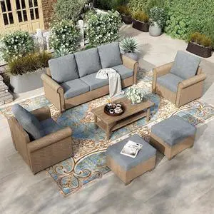 HERA'S HOUSE 6-Piece Wicker Rattan Patio Conversation Set, 7-Seat, Grey | Side Table, Ottomans, All-Weather, 5.5-Inch Cushions, 44-Inch Coffee Table, For Garden, Deck, Balcony HERA'S HOUSE 6-Piece Wicker Rattan Patio Conversation Set, 7-Seat, Grey | Side Table, Ottomans, All-Weather, 5.5-Inch Cushions, 44-Inch Coffee Table, For Garden, Deck, Balcony