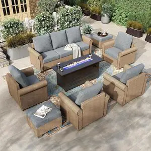 HERA'S HOUSE 8-Piece Patio Conversation Set, 5-Seat, Fire Pit Table, Grey | 3-Seat Sofa, Coffee Table, Ottomans, All-Weather, For Deck, Backyard HERA'S HOUSE 8-Piece Patio Conversation Set, 5-Seat, Fire Pit Table, Grey | 3-Seat Sofa, Coffee Table, Ottomans, All-Weather, For Deck, Backyard