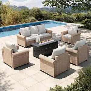 HERA'S HOUSE 6-Piece Patio Conversation Set, 5-Seat, Fire Pit Table, Beige | 3-Seat Sofa, Coffee Table, All-Weather, For Deck, Backyard HERA'S HOUSE 6-Piece Patio Conversation Set, 5-Seat, Fire Pit Table, Beige | 3-Seat Sofa, Coffee Table, All-Weather, For Deck, Backyard