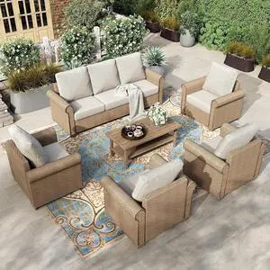 HERA'S HOUSE 6-Piece Patio Conversation Set, 5-Seat, Beige | 3-Seat Sofa, Coffee Table, All-Weather, For Deck, Backyard HERA'S HOUSE 6-Piece Patio Conversation Set, 5-Seat, Beige | 3-Seat Sofa, Coffee Table, All-Weather, For Deck, Backyard
