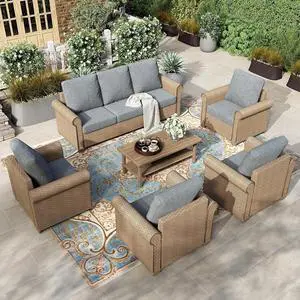 HERA'S HOUSE 6-Piece Patio Conversation Set, 5-Seat, Grey | 3-Seat Sofa, Coffee Table, Side Table, Ottomans, All-Weather, For Garden, Deck, Backyard HERA'S HOUSE 6-Piece Patio Conversation Set, 5-Seat, Grey | 3-Seat Sofa, Coffee Table, Side Table, Ottomans, All-Weather, For Garden, Deck, Backyard