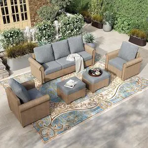 HERA'S HOUSE 5-Piece Wicker Rattan Patio Conversation Set, Gray | 5 Pieces Set-Ottomans, Coffee Table, UV resistant HERA'S HOUSE 5-Piece Wicker Rattan Patio Conversation Set, Gray | 5 Pieces Set-Ottomans, Coffee Table, UV resistant