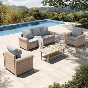 HERA'S HOUSE 4-Piece Patio Conversation Set, 5-Seat, Grey | 3-Seat Sofa, Coffee Table, All-Weather, For Deck, Backyard HERA'S HOUSE 4-Piece Patio Conversation Set, 5-Seat, Grey | 3-Seat Sofa, Coffee Table, All-Weather, For Deck, Backyard