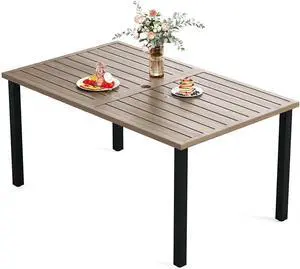 HERA'S HOUSE Outdoor Dining Table for 6, Brown Metal Table w/Umbrella Hole | 60" rectangle wrought iron table. Slatted top design, weather resistant. Perfect for patio, deck, porch, backyard HERA'S HOUSE Outdoor Dining Table for 6, Brown Metal Table w/Umbrella Hole | 60" rectangle wrought iron table. Slatted top design, weather resistant. Perfect for patio, deck, porch, backyard