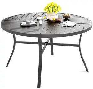 HERA'S HOUSE Patio Round Table w/Umbrella Hole, Metal Table for 6, Black | 54" wrought iron dining table. Slatted top design, weather resistant. Perfect for outdoor deck, porch, backyard. HERA'S HOUSE Patio Round Table w/Umbrella Hole, Metal Table for 6, Black | 54" wrought iron dining table. Slatted top design, weather resistant. Perfect for outdoor deck, porch, backyard.
